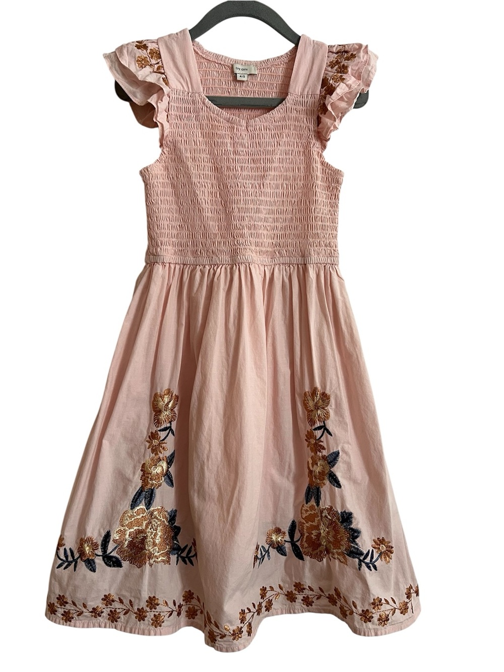 Smocked Blush Pink Floral Embroidered Girls' Party Dress